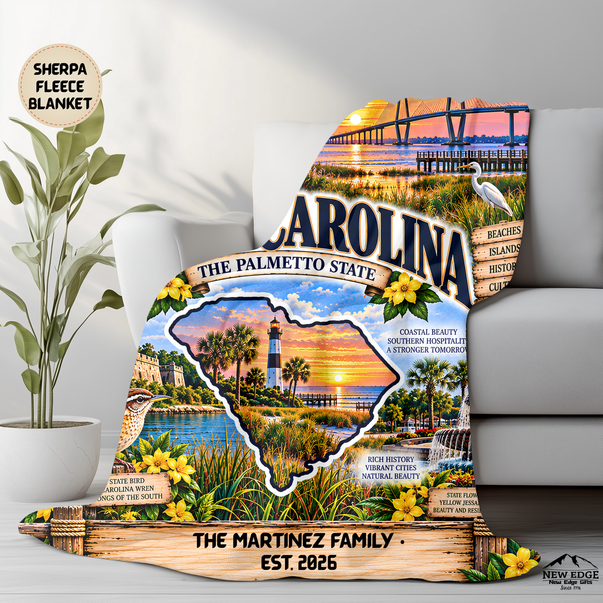 South Carolina Personalized Sherpa Fleece Blanket, Lowcountry Coast Lighthouse Palmetto State Heritage