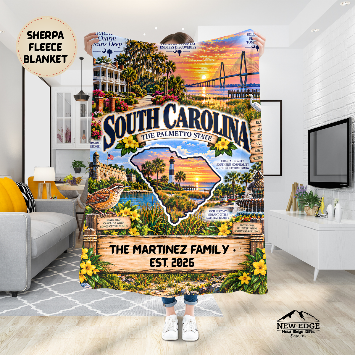 South Carolina Personalized Sherpa Fleece Blanket, Lowcountry Coast Lighthouse Palmetto State Heritage