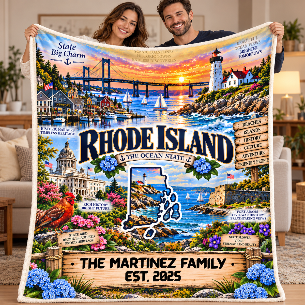 Rhode Island Personalized Sherpa Fleece Blanket, Coastal Lighthouse Harbor Newport Bridge Seaside Gift