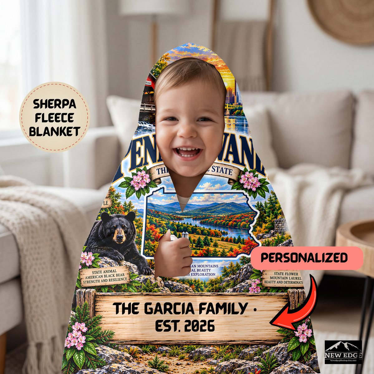 Pennsylvania Personalized Sherpa Fleece Blanket, Appalachian Mountains Covered Bridge Liberty Bell State Gift