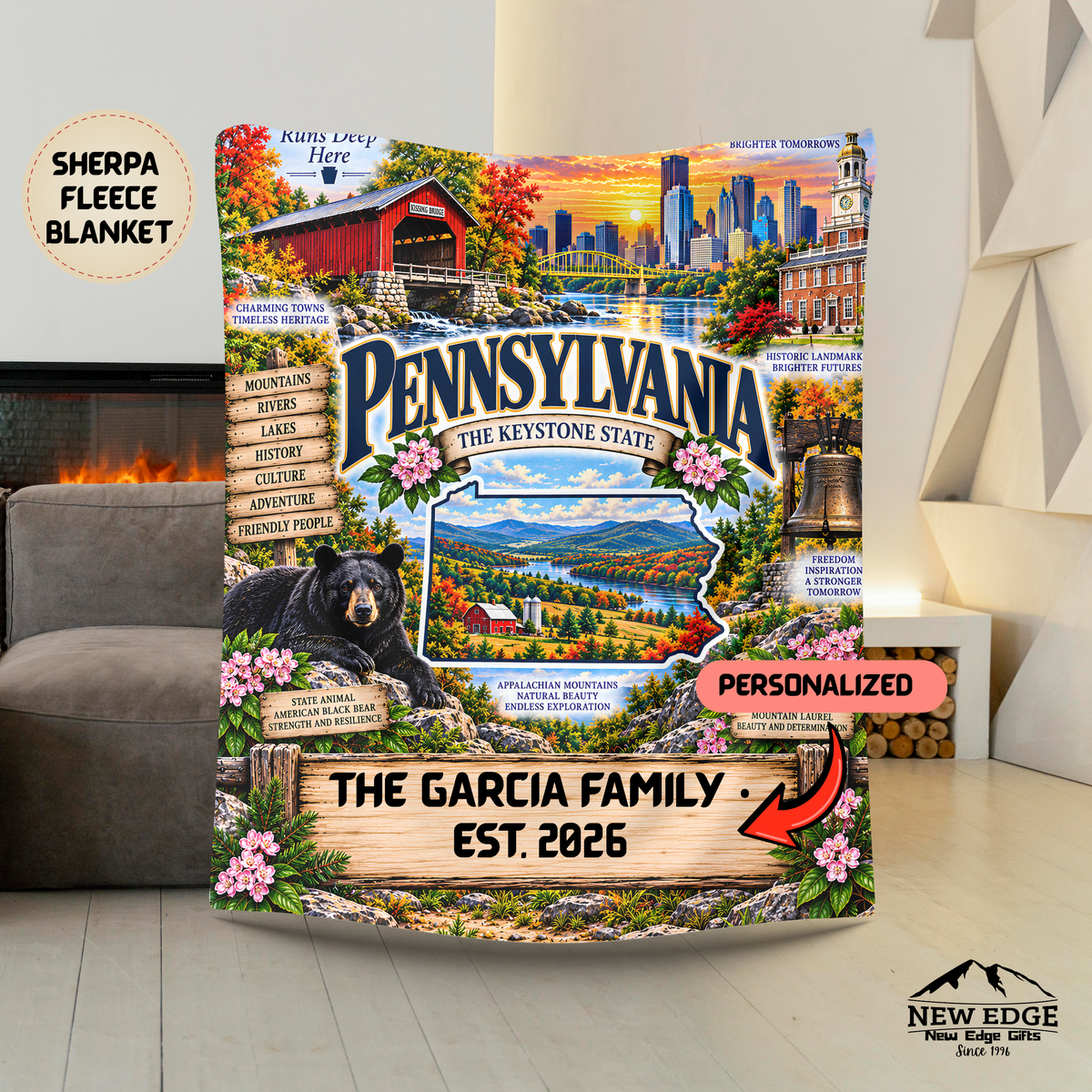 Pennsylvania Personalized Sherpa Fleece Blanket, Appalachian Mountains Covered Bridge Liberty Bell State Gift