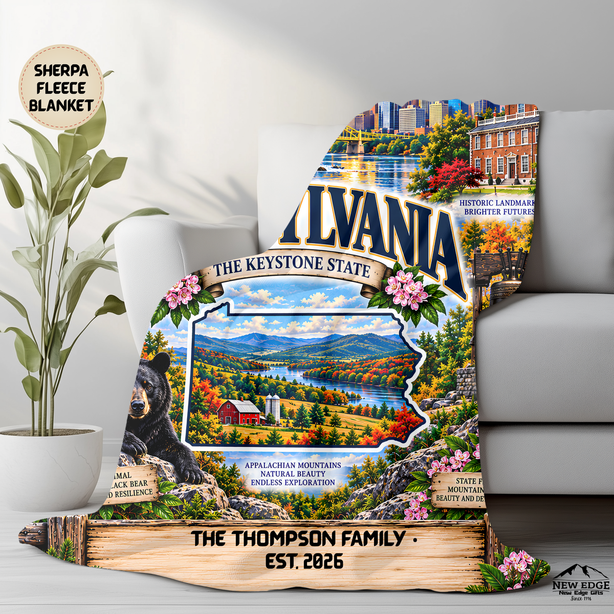 Pennsylvania Personalized Sherpa Fleece Blanket, Appalachian Mountains Covered Bridge Liberty Bell State Gift