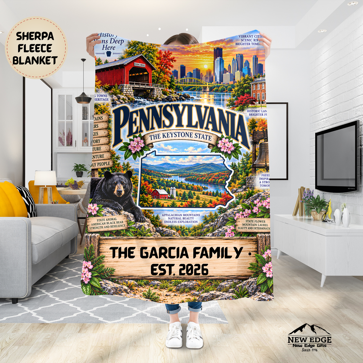 Pennsylvania Personalized Sherpa Fleece Blanket, Appalachian Mountains Covered Bridge Liberty Bell State Gift