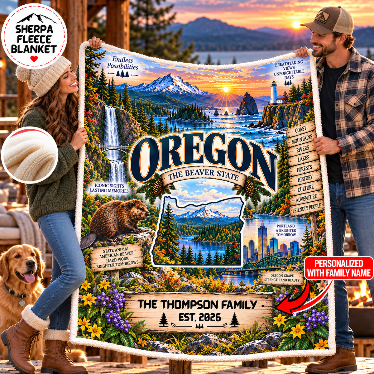 Oregon Personalized Sherpa Fleece Blanket, Mount Hood Coast Waterfalls Evergreen Forests
