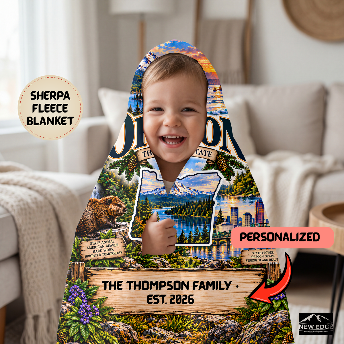 Oregon Personalized Sherpa Fleece Blanket, Mount Hood Coast Waterfalls Evergreen Forests