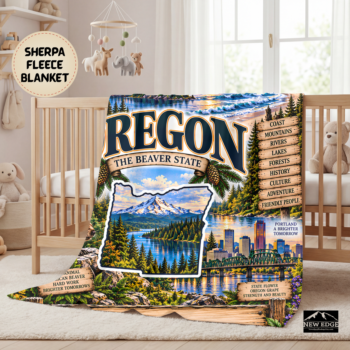 Oregon Personalized Sherpa Fleece Blanket, Mount Hood Coast Waterfalls Evergreen Forests