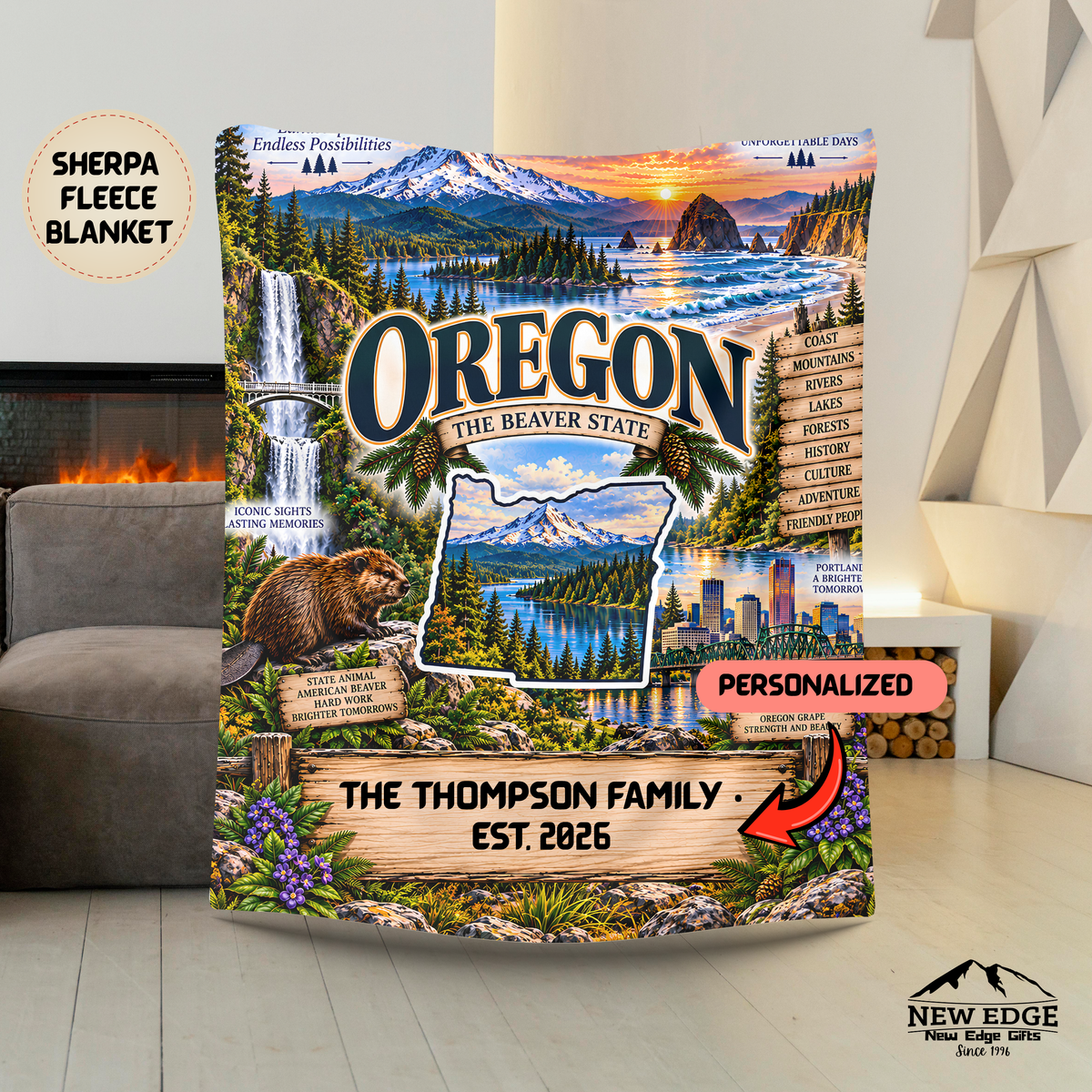 Oregon Personalized Sherpa Fleece Blanket, Mount Hood Coast Waterfalls Evergreen Forests