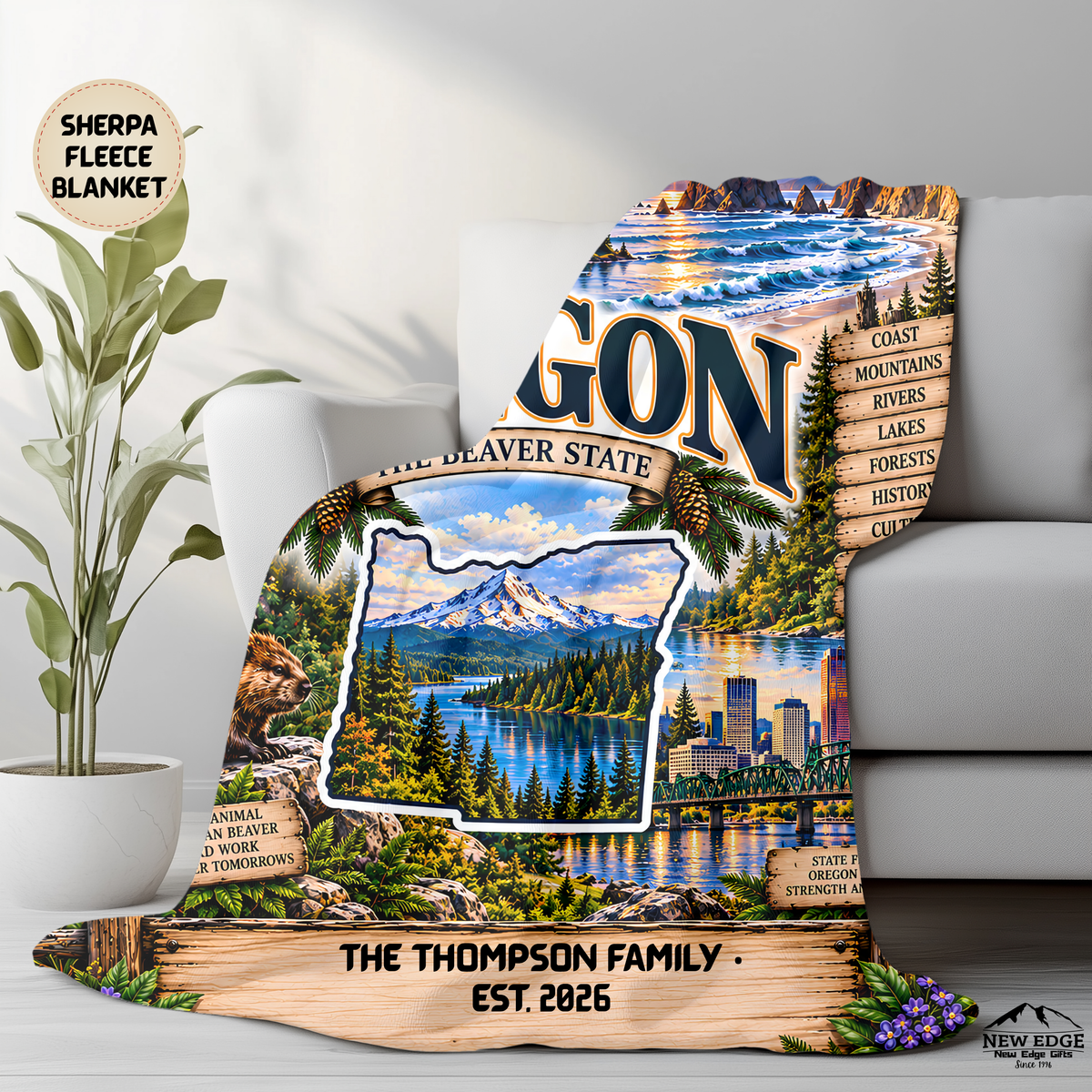 Oregon Personalized Sherpa Fleece Blanket, Mount Hood Coast Waterfalls Evergreen Forests