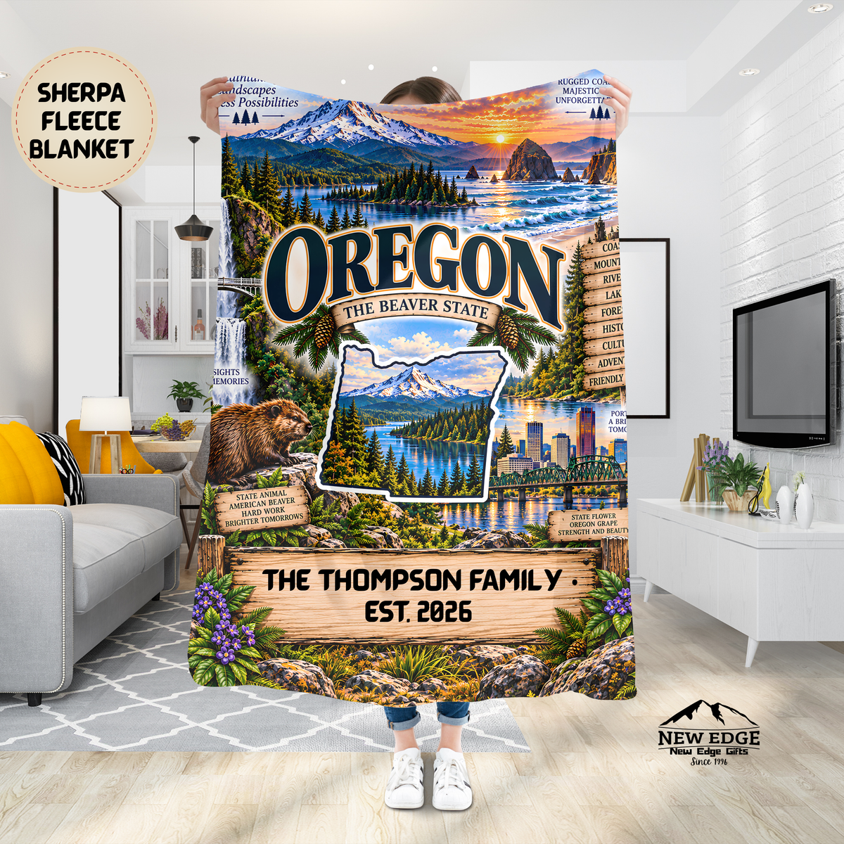 Oregon Personalized Sherpa Fleece Blanket, Mount Hood Coast Waterfalls Evergreen Forests