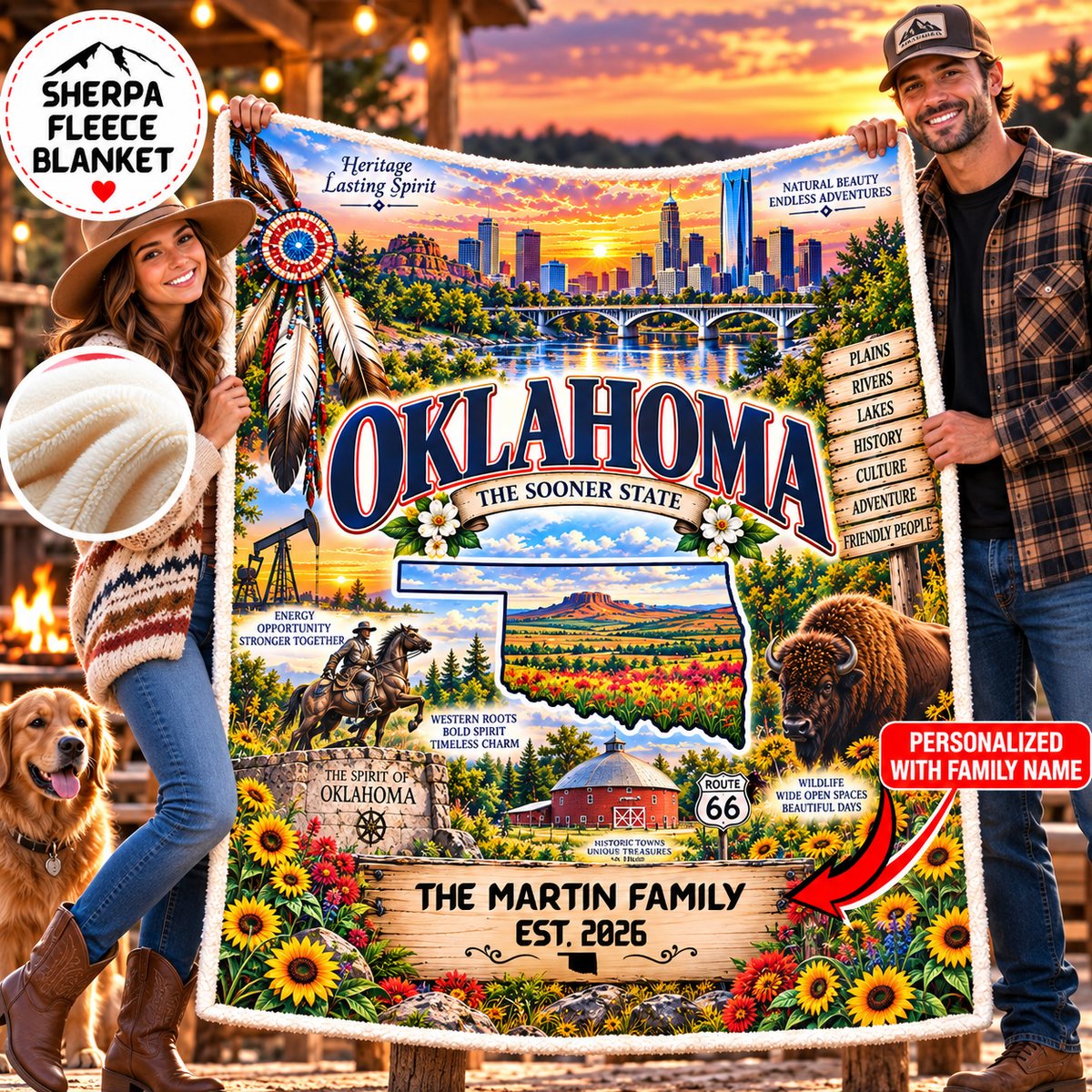 Oklahoma Personalized Sherpa Blanket, Wichita Mountains Bison Route 66 Custom Family Name Gift