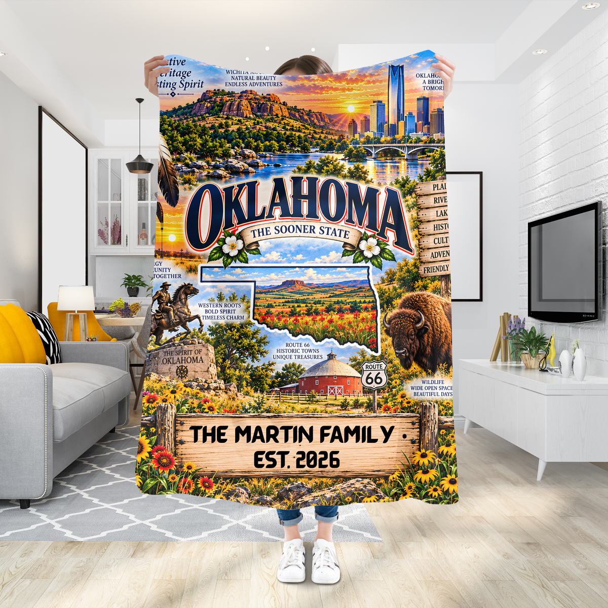 Oklahoma Personalized Sherpa Blanket, Wichita Mountains Bison Route 66 Custom Family Name Gift