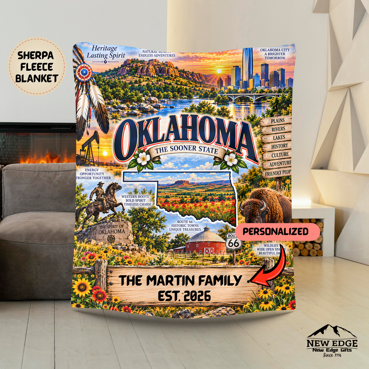 Oklahoma Personalized Sherpa Blanket, Wichita Mountains Bison Route 66 Custom Family Name Gift