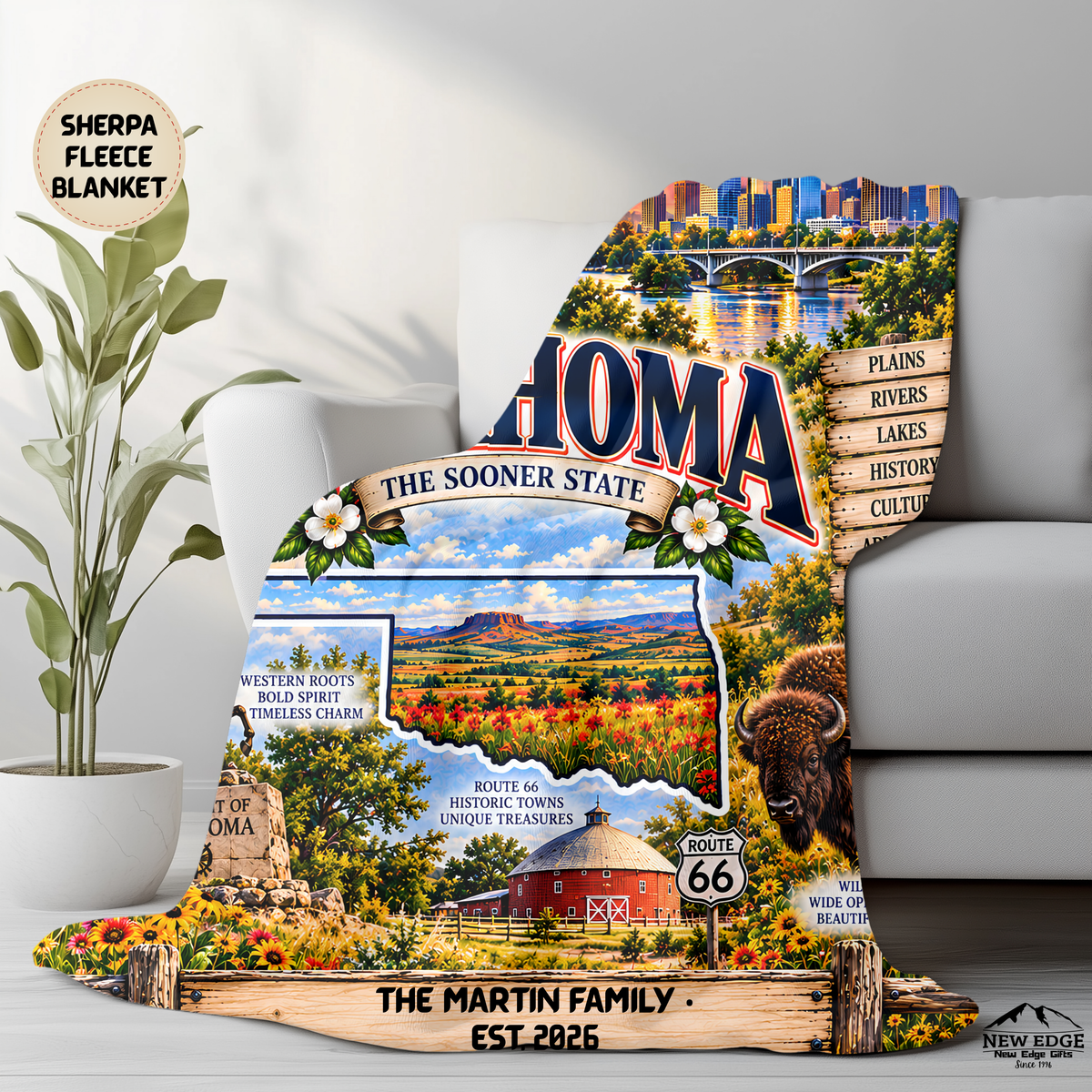 Oklahoma Personalized Sherpa Blanket, Wichita Mountains Bison Route 66 Custom Family Name Gift