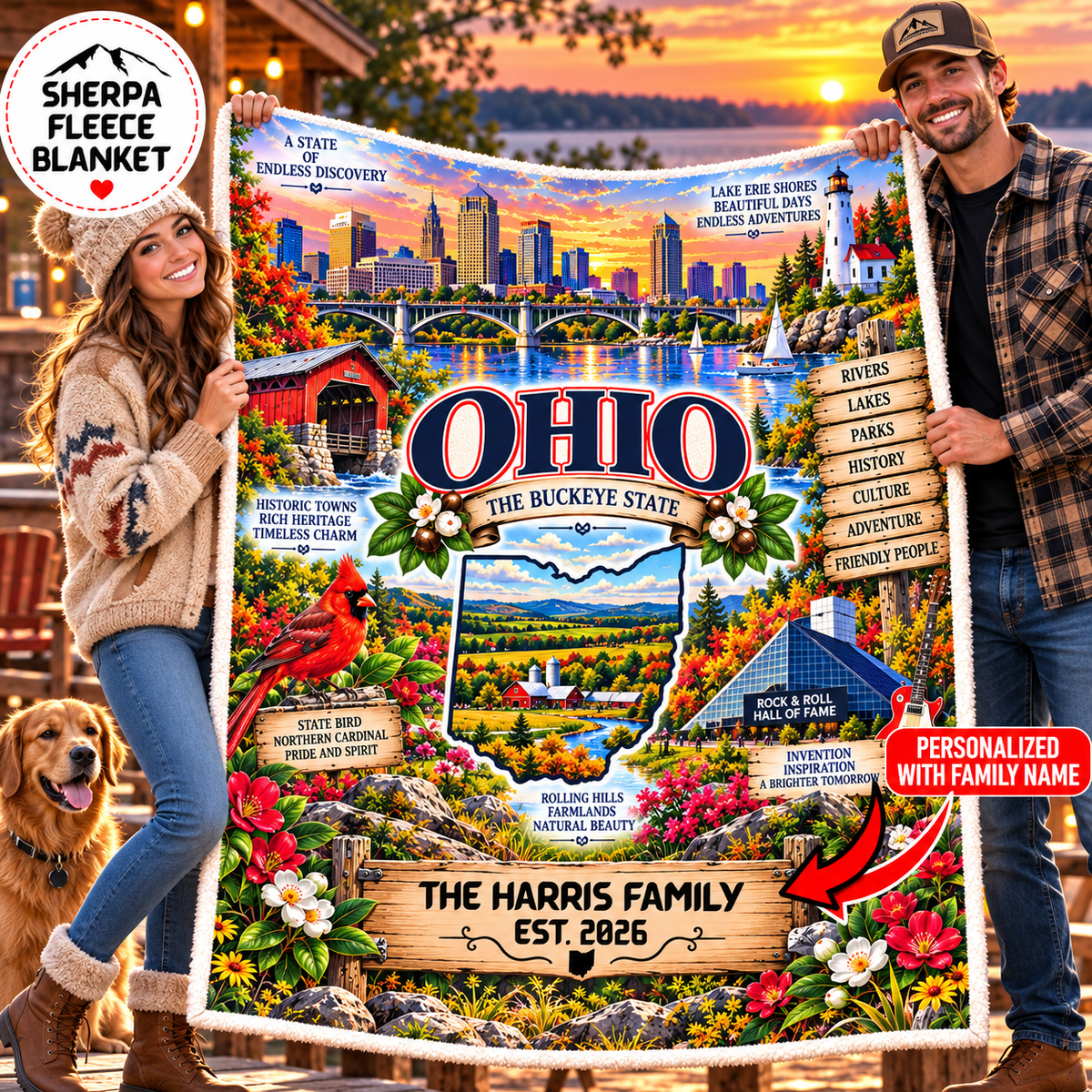 Ohio Personalized Sherpa Blanket, Buckeye State Lake Erie Scenic Custom Family Name Gift