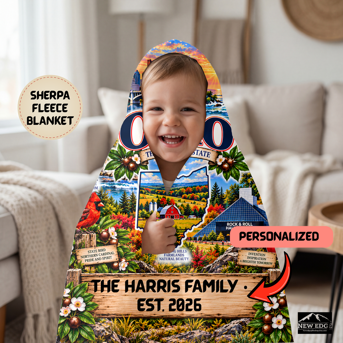 Ohio Personalized Sherpa Blanket, Buckeye State Lake Erie Scenic Custom Family Name Gift