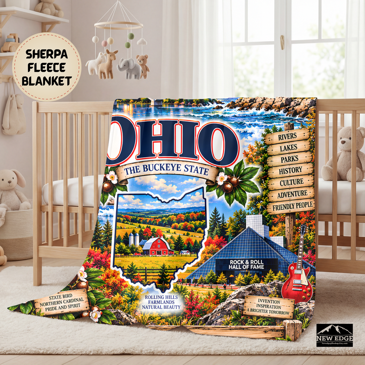 Ohio Personalized Sherpa Blanket, Buckeye State Lake Erie Scenic Custom Family Name Gift