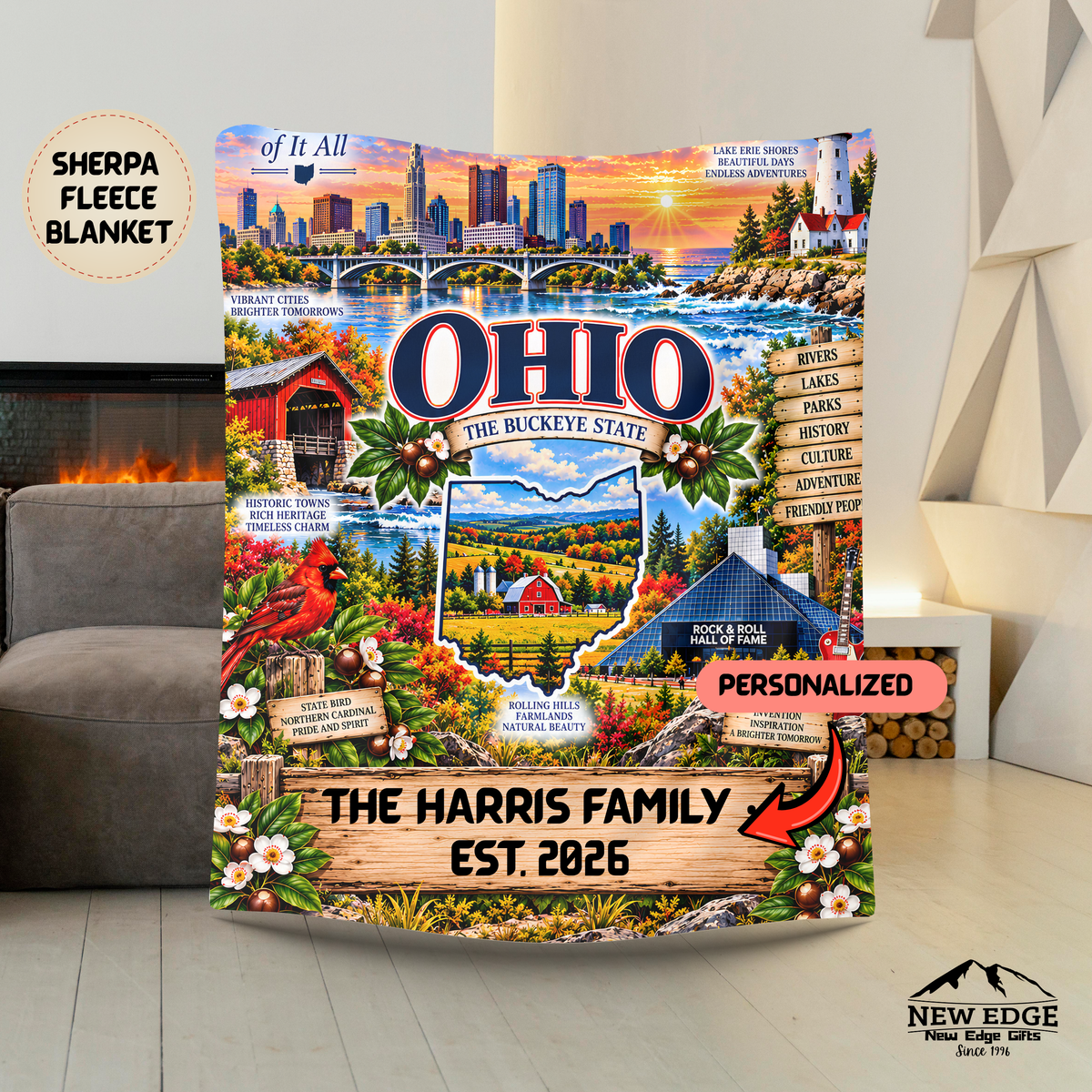 Ohio Personalized Sherpa Blanket, Buckeye State Lake Erie Scenic Custom Family Name Gift