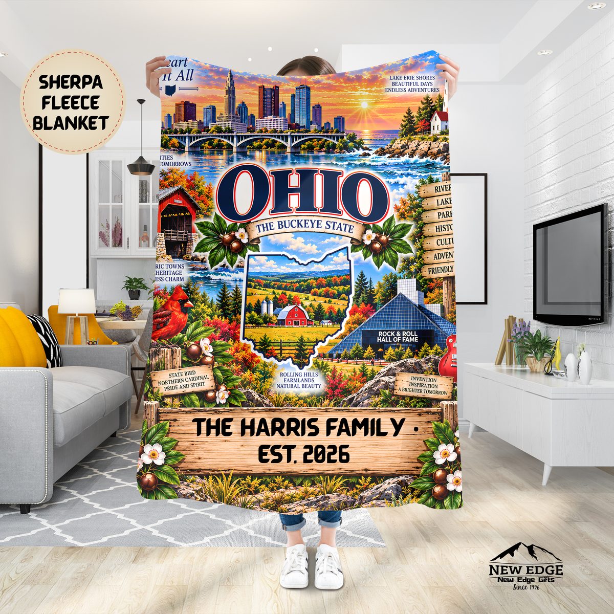 Ohio Personalized Sherpa Blanket, Buckeye State Lake Erie Scenic Custom Family Name Gift
