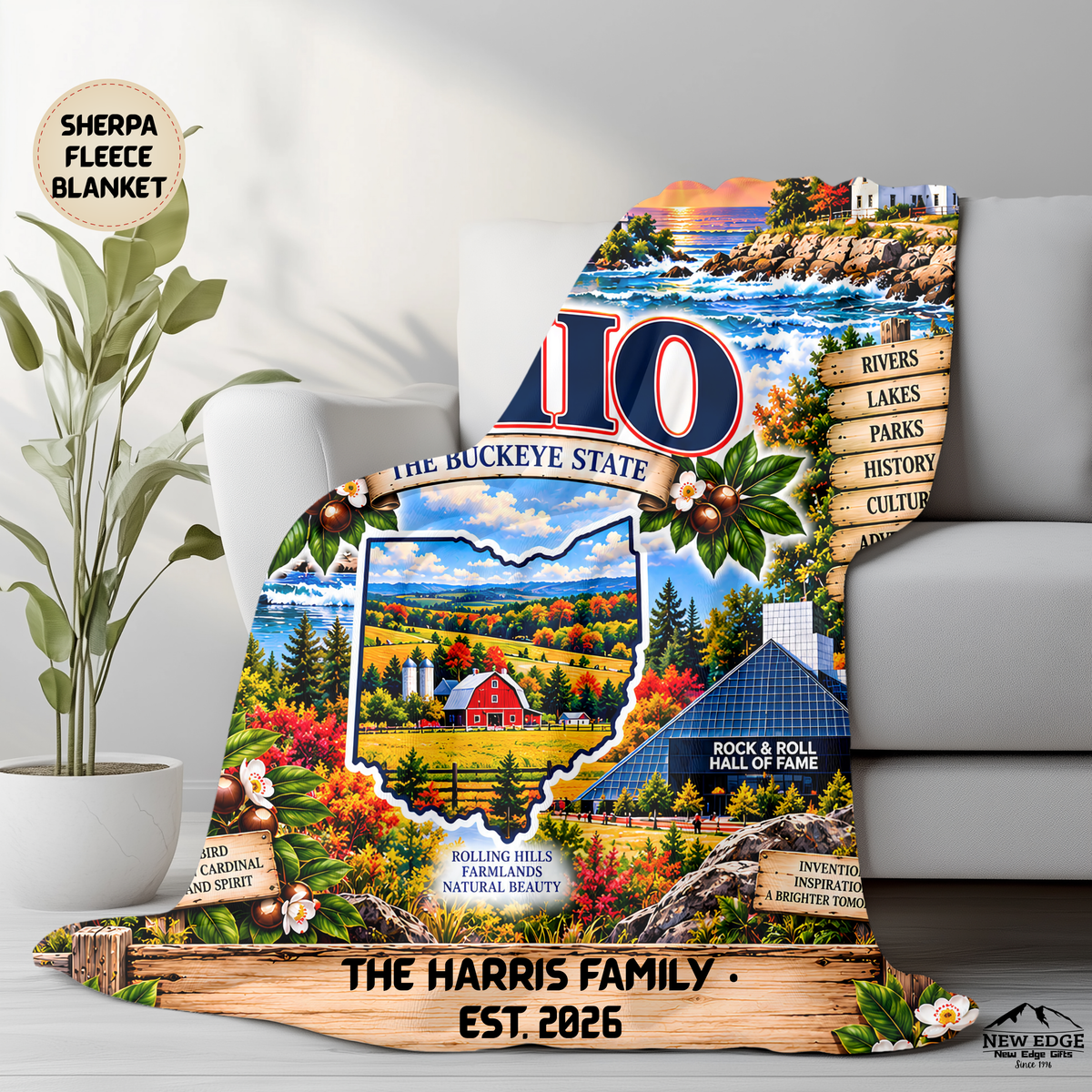 Ohio Personalized Sherpa Blanket, Buckeye State Lake Erie Scenic Custom Family Name Gift