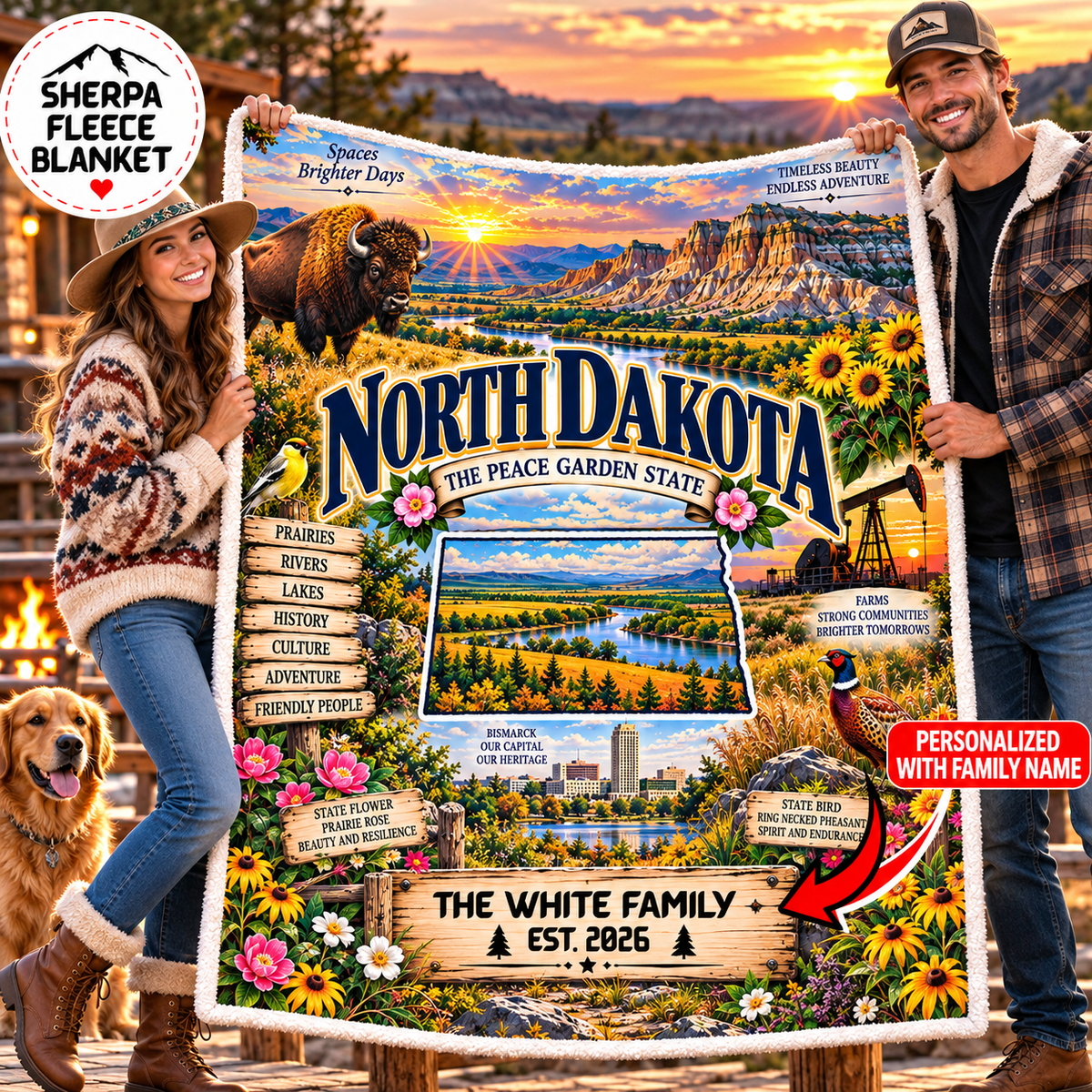 North Dakota Personalized Sherpa Blanket, Badlands Bison Prairie Scenic Custom Family Name Gift