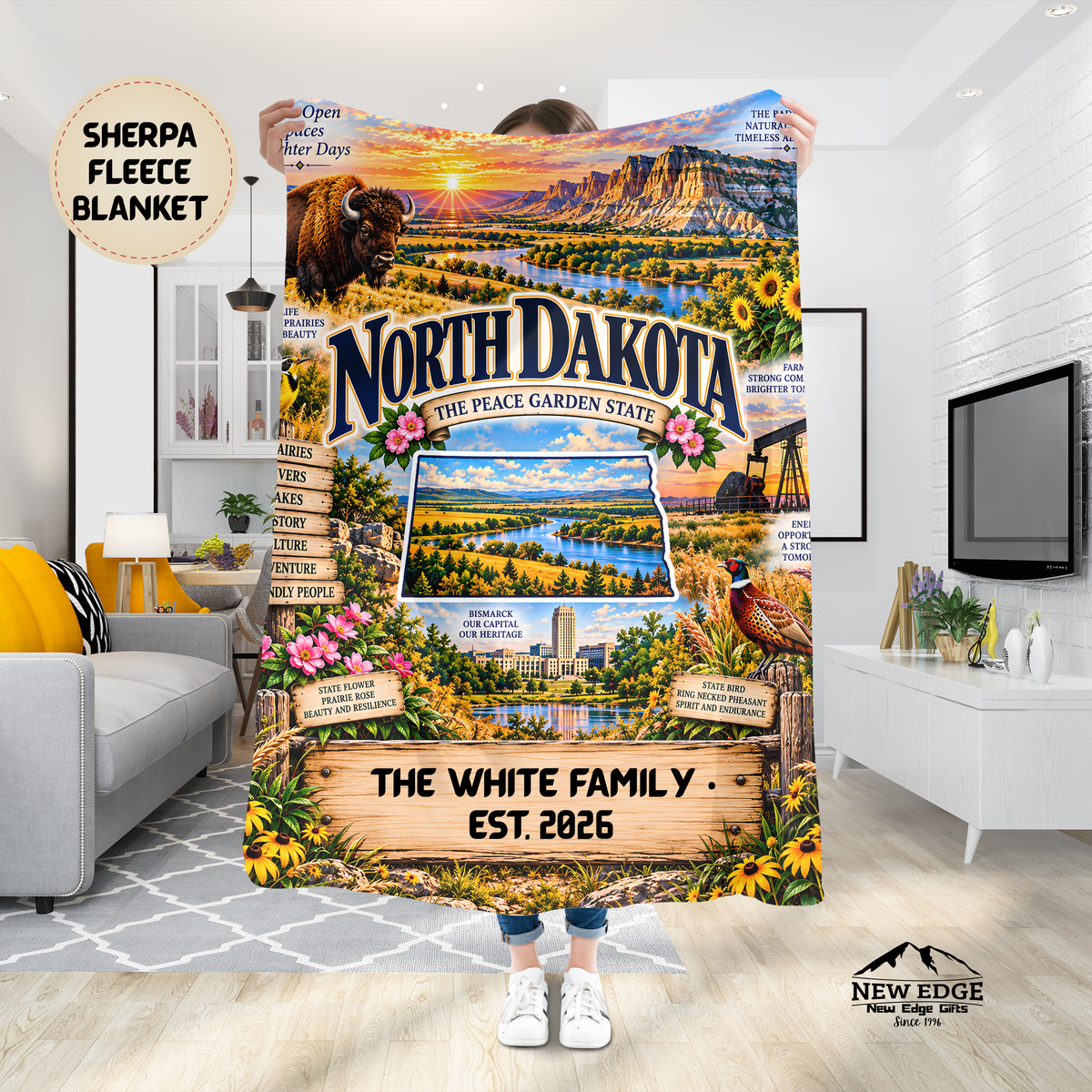 North Dakota Personalized Sherpa Blanket, Badlands Bison Prairie Scenic Custom Family Name Gift