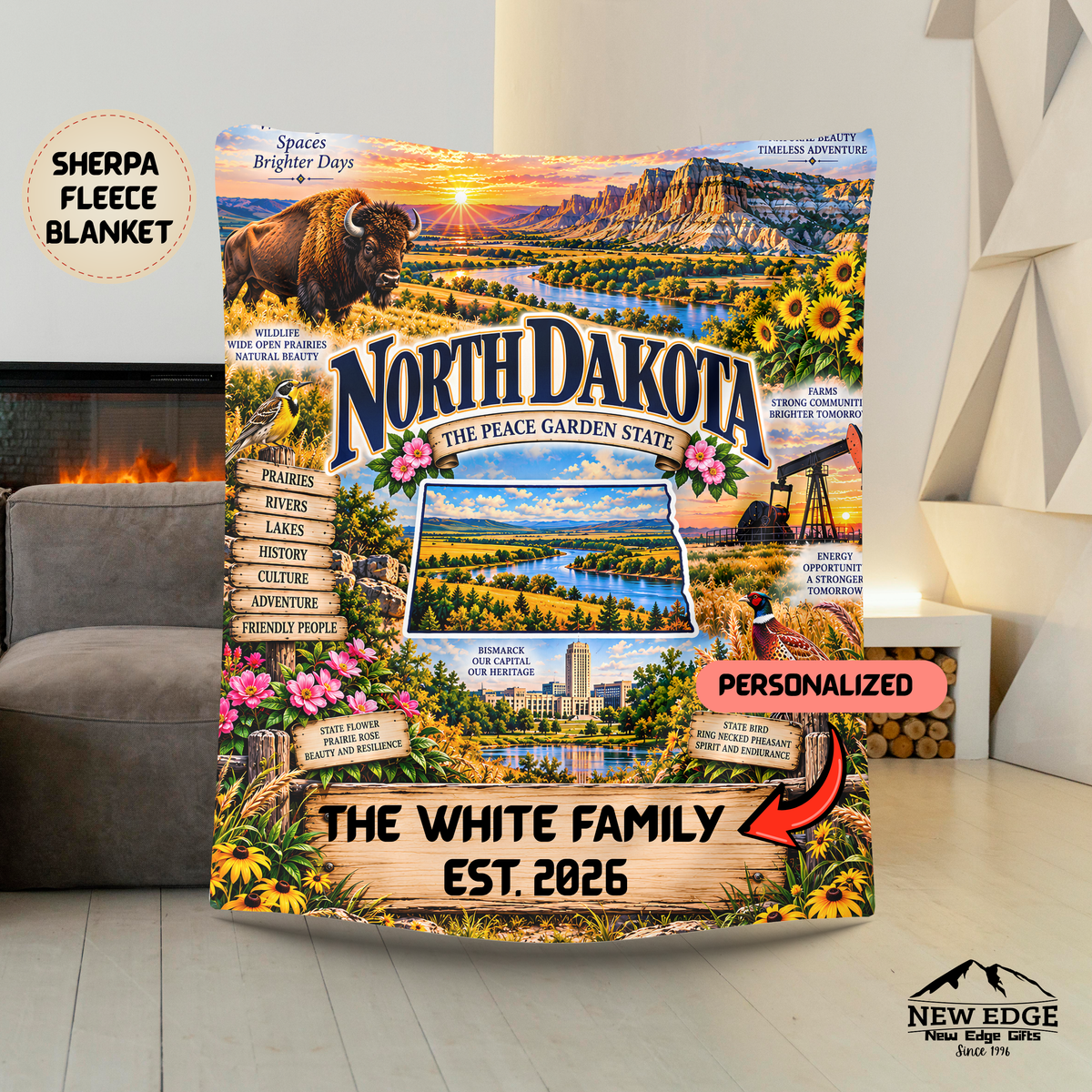 North Dakota Personalized Sherpa Blanket, Badlands Bison Prairie Scenic Custom Family Name Gift