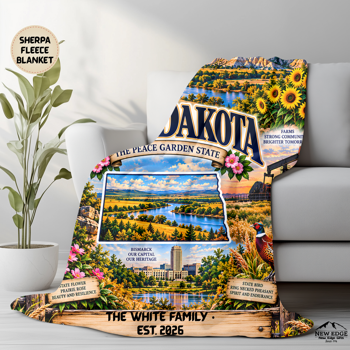 North Dakota Personalized Sherpa Blanket, Badlands Bison Prairie Scenic Custom Family Name Gift