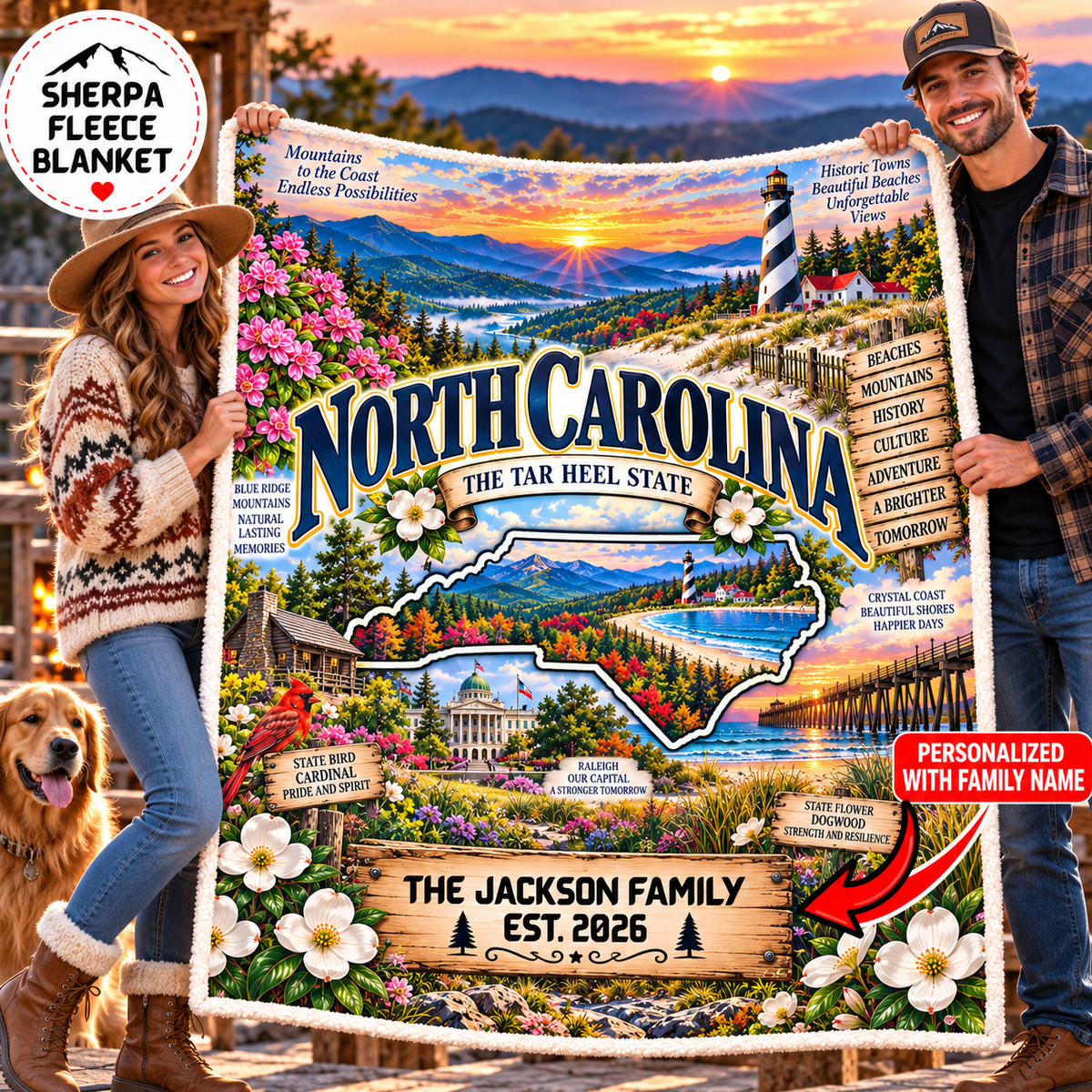 North Carolina Personalized Sherpa Blanket, Blue Ridge Mountains Lighthouse Coastal Custom Family Name Gift