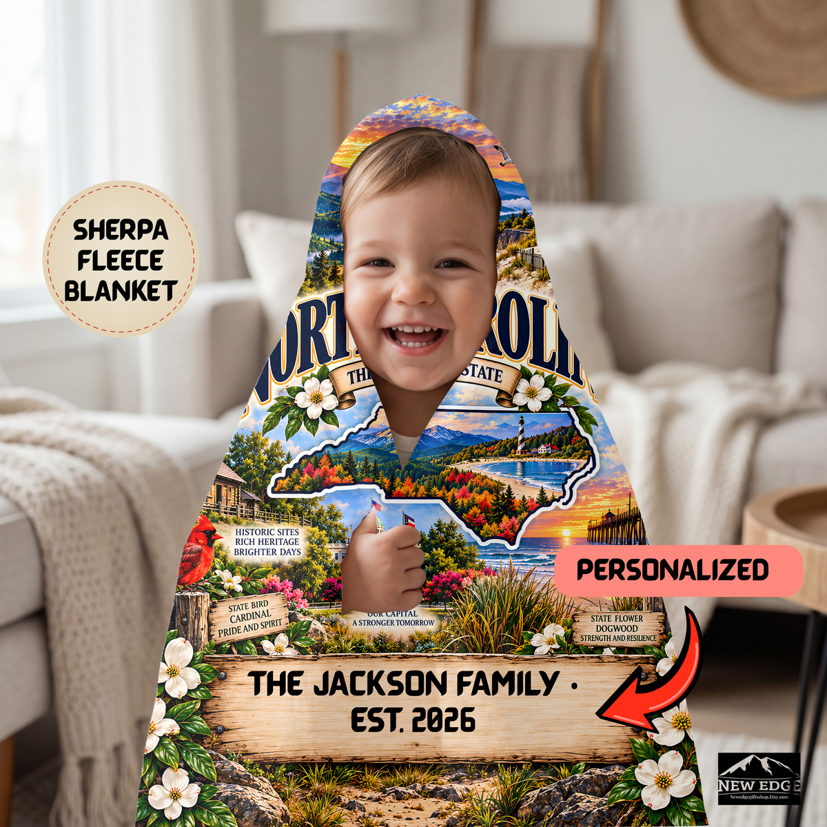 North Carolina Personalized Sherpa Blanket, Blue Ridge Mountains Lighthouse Coastal Custom Family Name Gift