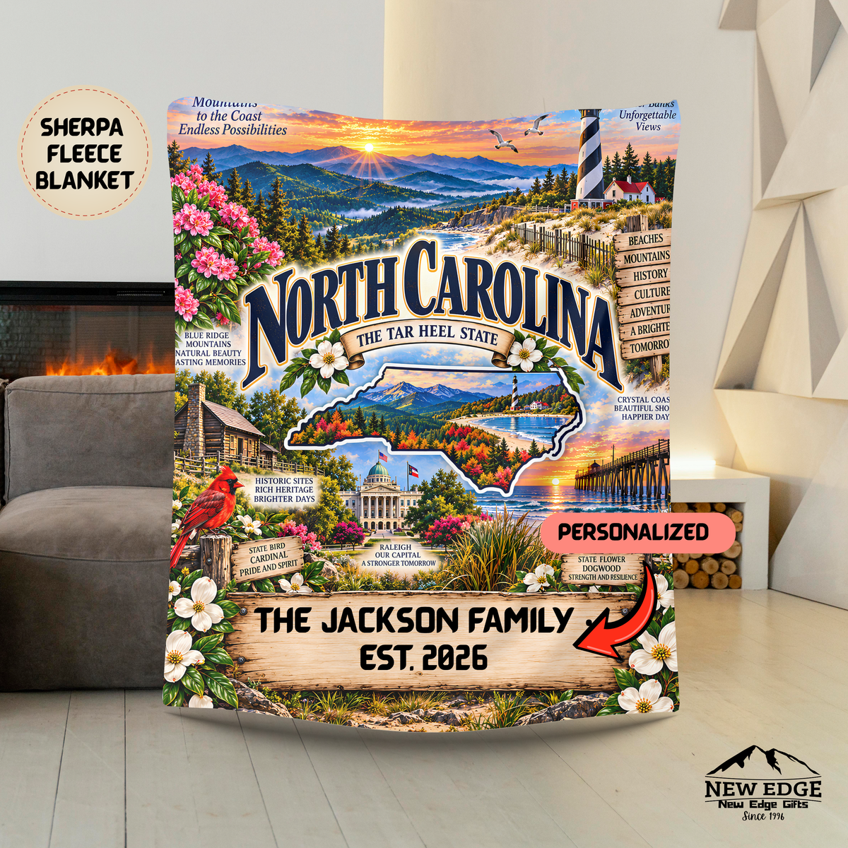 North Carolina Personalized Sherpa Blanket, Blue Ridge Mountains Lighthouse Coastal Custom Family Name Gift