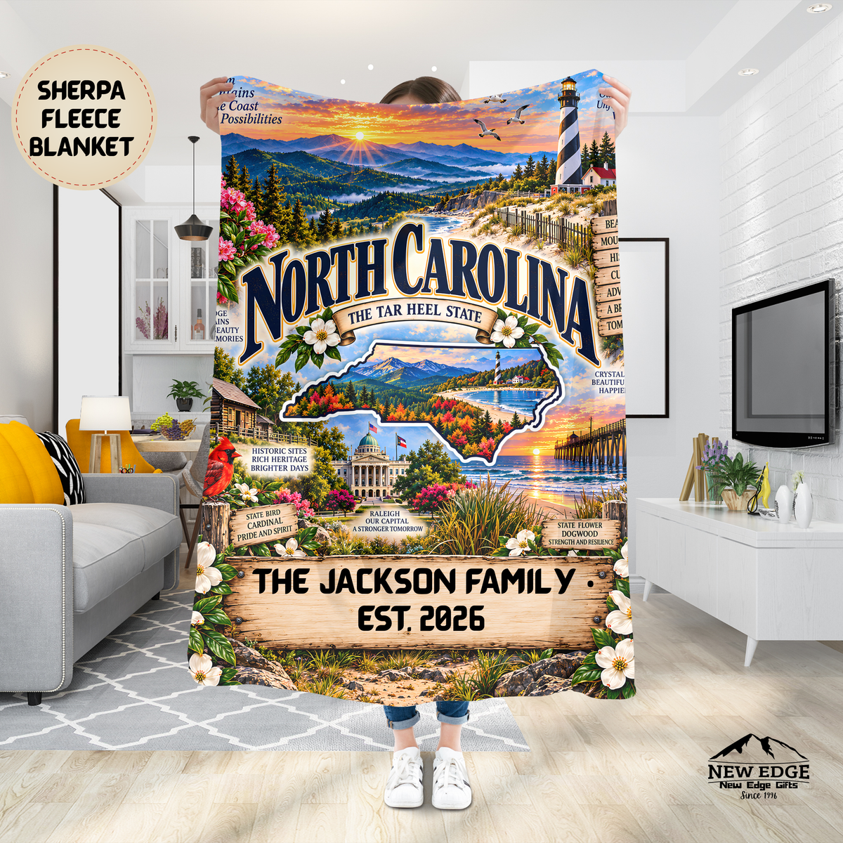North Carolina Personalized Sherpa Blanket, Blue Ridge Mountains Lighthouse Coastal Custom Family Name Gift