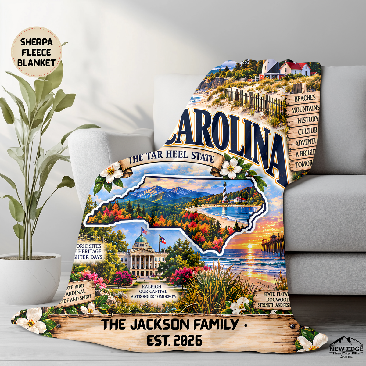 North Carolina Personalized Sherpa Blanket, Blue Ridge Mountains Lighthouse Coastal Custom Family Name Gift