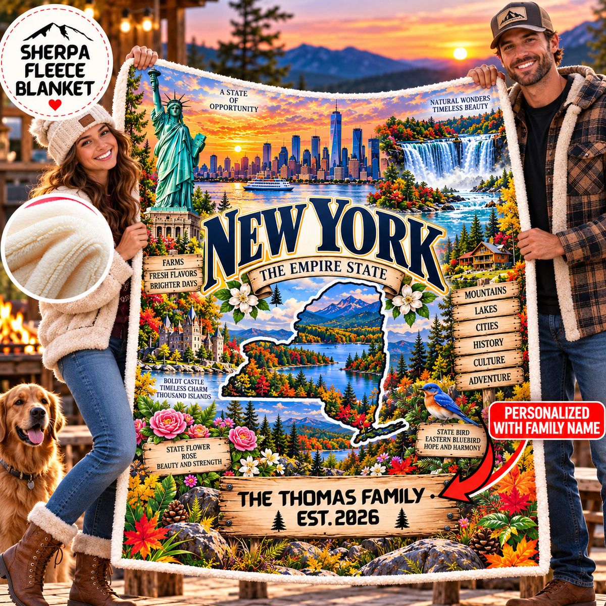 New York Personalized Sherpa Blanket, Niagara Falls NYC Skyline Mountains Custom Family Name Gift