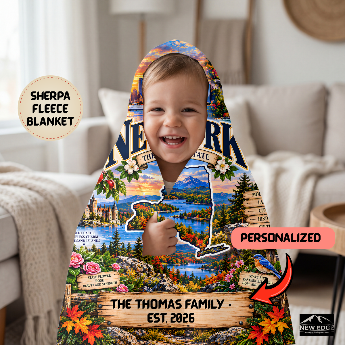 New York Personalized Sherpa Blanket, Niagara Falls NYC Skyline Mountains Custom Family Name Gift