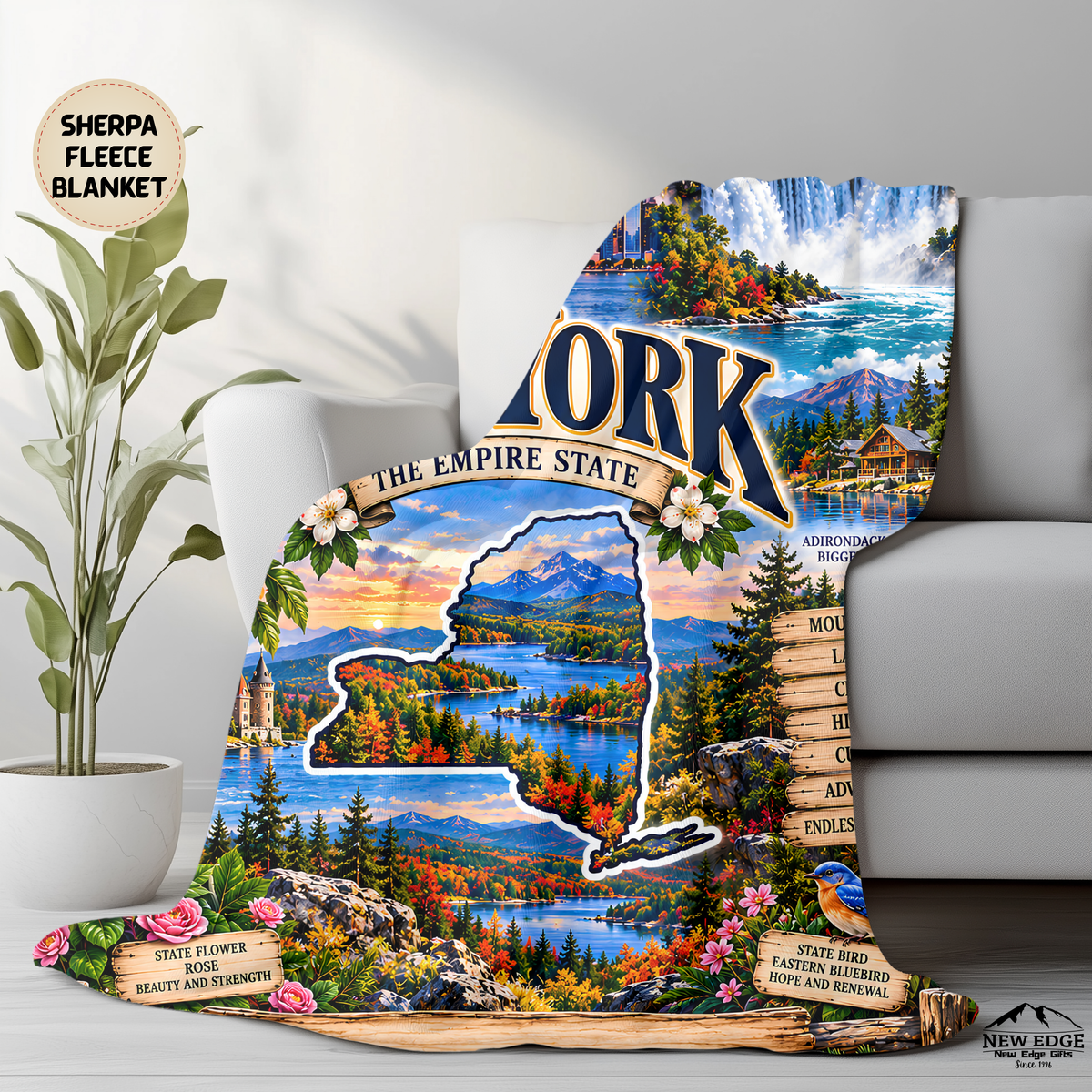 New York Personalized Sherpa Blanket, Niagara Falls NYC Skyline Mountains Custom Family Name Gift