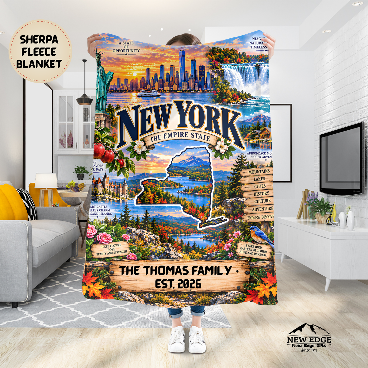 New York Personalized Sherpa Blanket, Niagara Falls NYC Skyline Mountains Custom Family Name Gift