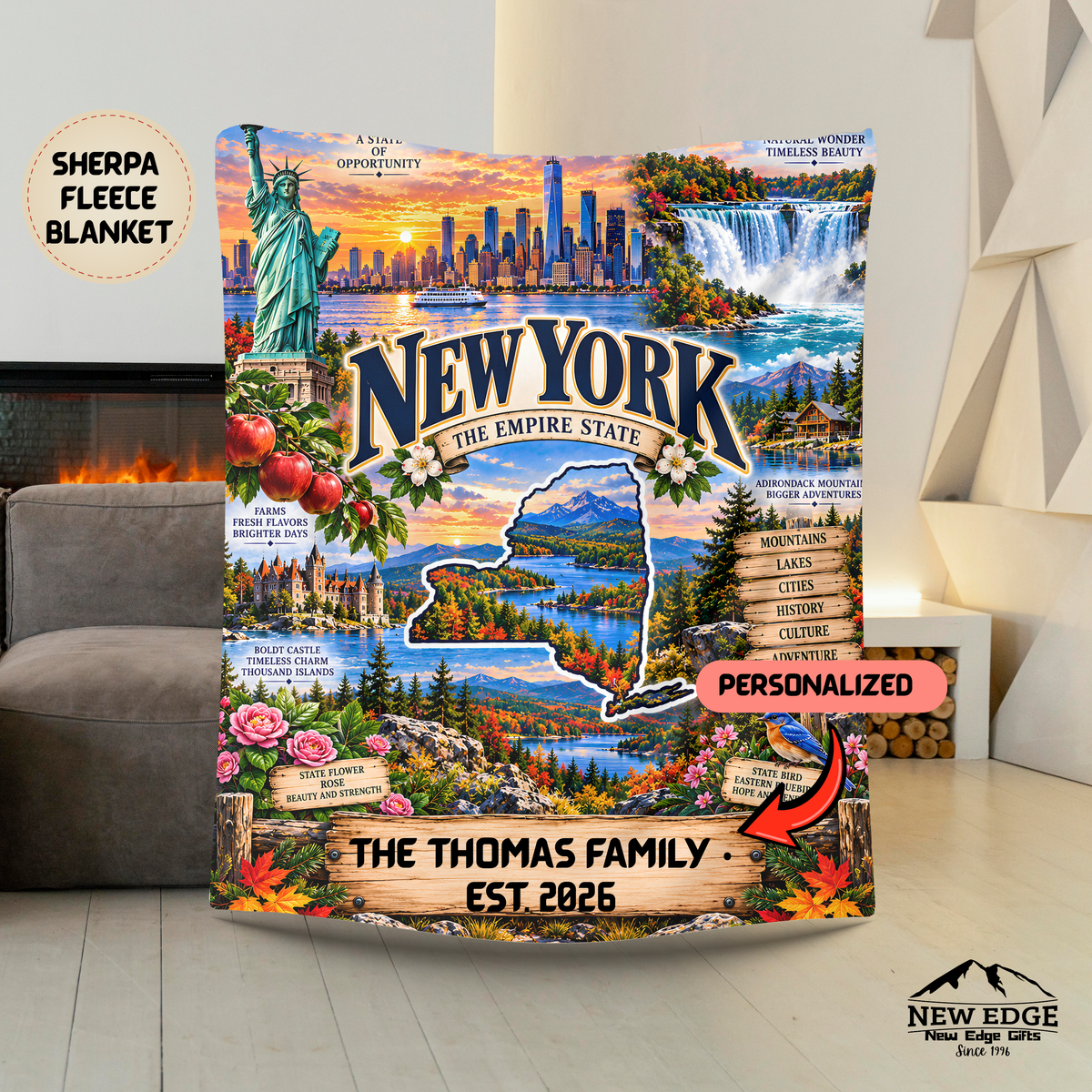 New York Personalized Sherpa Blanket, Niagara Falls NYC Skyline Mountains Custom Family Name Gift