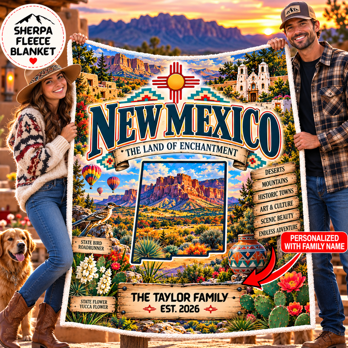 New Mexico Personalized Sherpa Blanket, Desert Mountains Hot Air Balloon Custom Family Name Gift