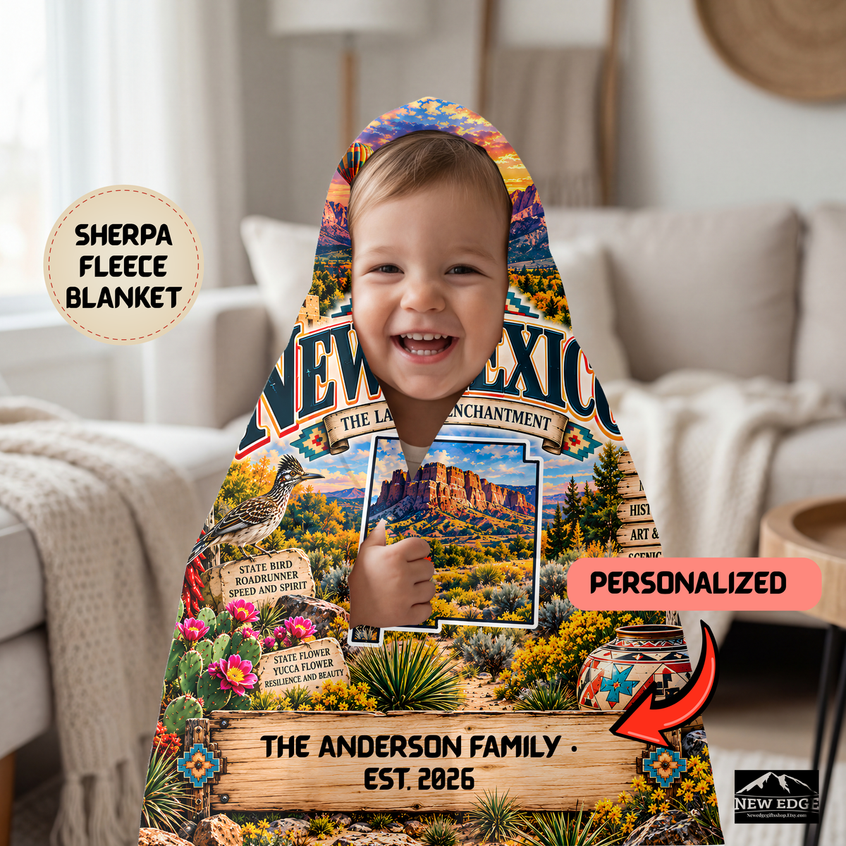 New Mexico Personalized Sherpa Blanket, Desert Mountains Hot Air Balloon Custom Family Name Gift