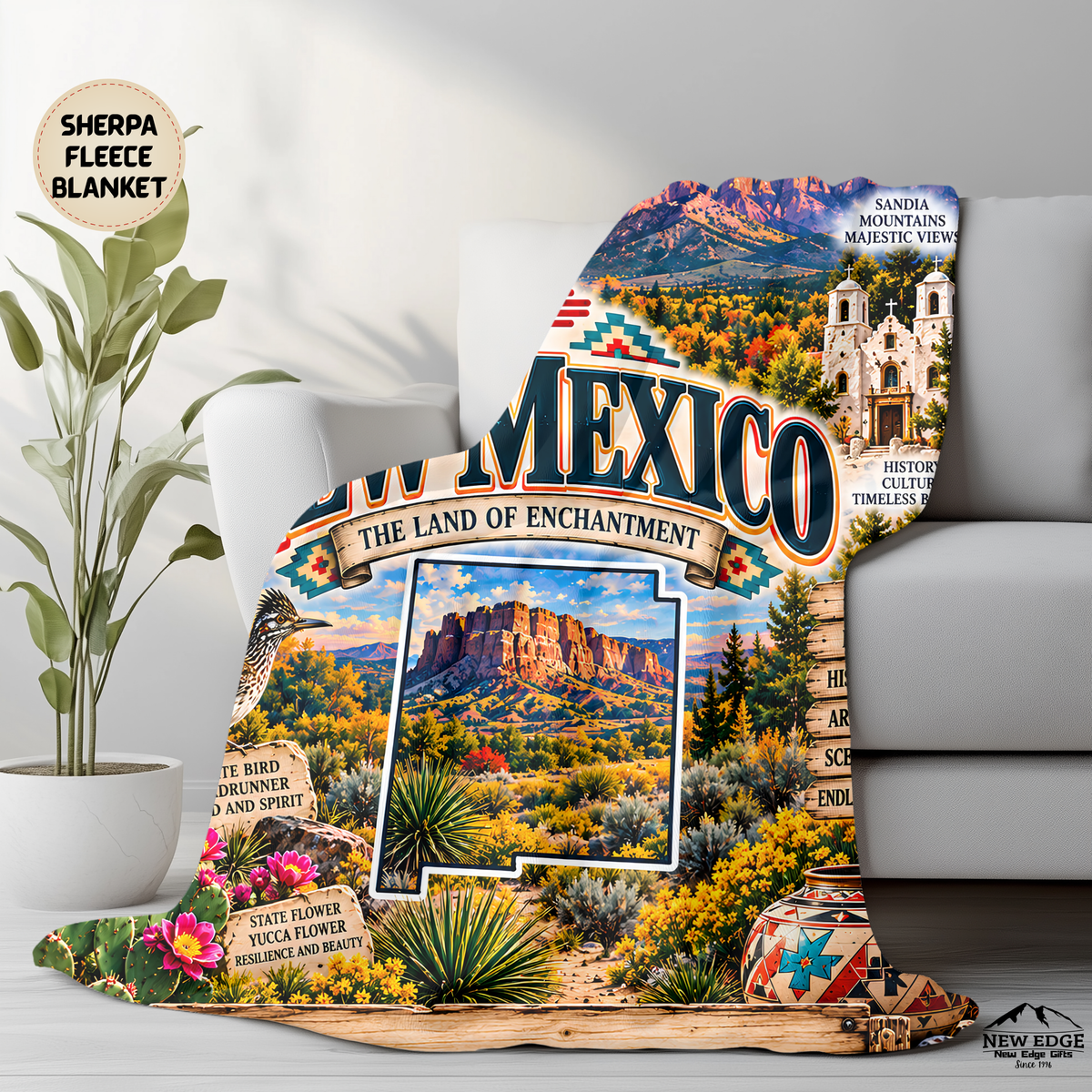 New Mexico Personalized Sherpa Blanket, Desert Mountains Hot Air Balloon Custom Family Name Gift