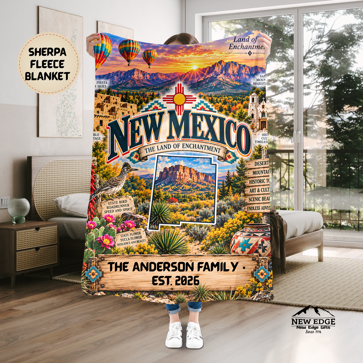 New Mexico Personalized Sherpa Blanket, Desert Mountains Hot Air Balloon Custom Family Name Gift