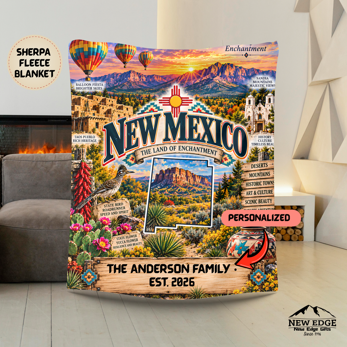 New Mexico Personalized Sherpa Blanket, Desert Mountains Hot Air Balloon Custom Family Name Gift
