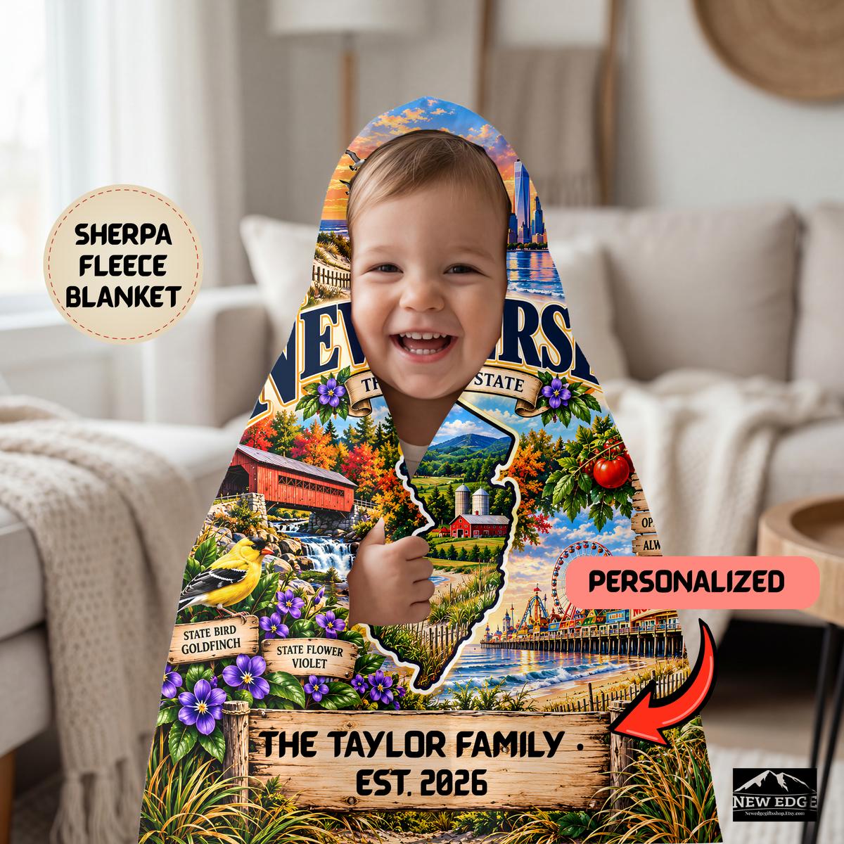 New Jersey Personalized Sherpa Blanket, Garden State Shore Lighthouse Custom Family Name Gift
