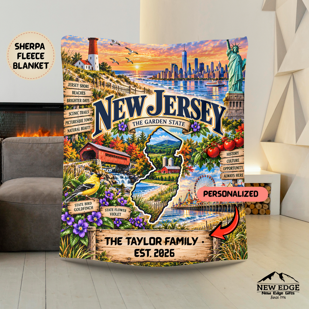 New Jersey Personalized Sherpa Blanket, Garden State Shore Lighthouse Custom Family Name Gift