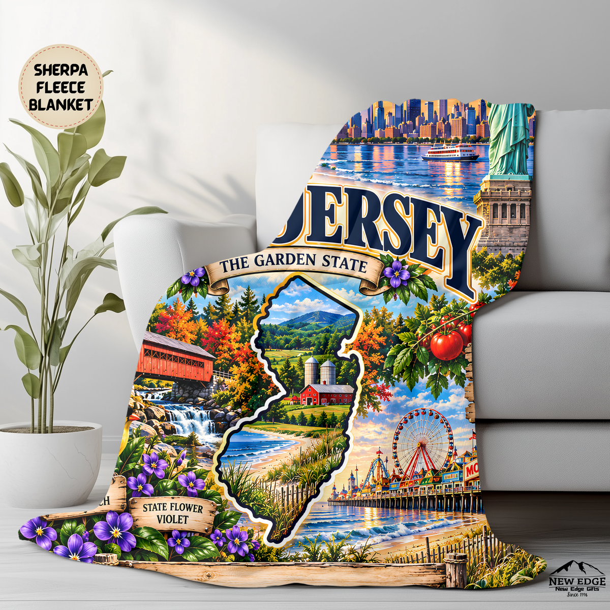 New Jersey Personalized Sherpa Blanket, Garden State Shore Lighthouse Custom Family Name Gift
