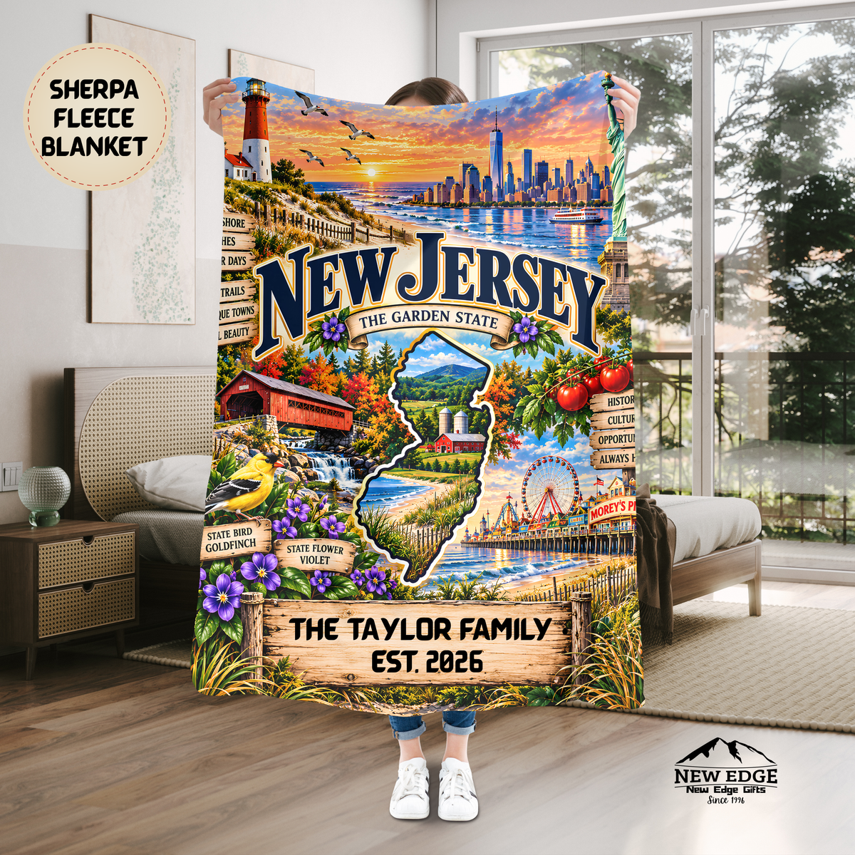 New Jersey Personalized Sherpa Blanket, Garden State Shore Lighthouse Custom Family Name Gift
