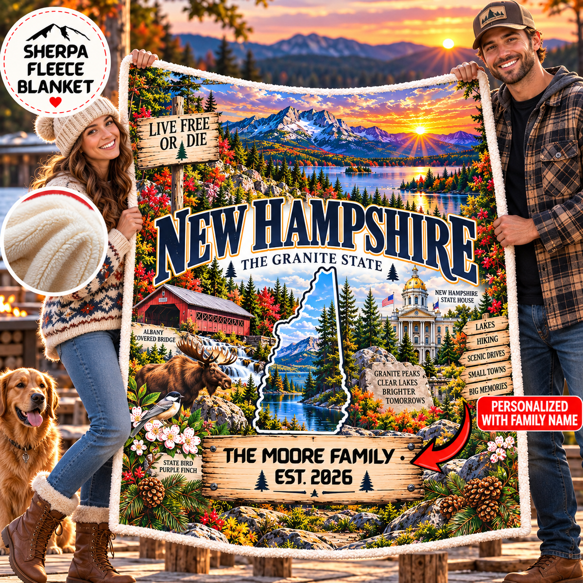 New Hampshire Personalized Sherpa Blanket, Granite State Mountains Moose Custom Family Name Gift