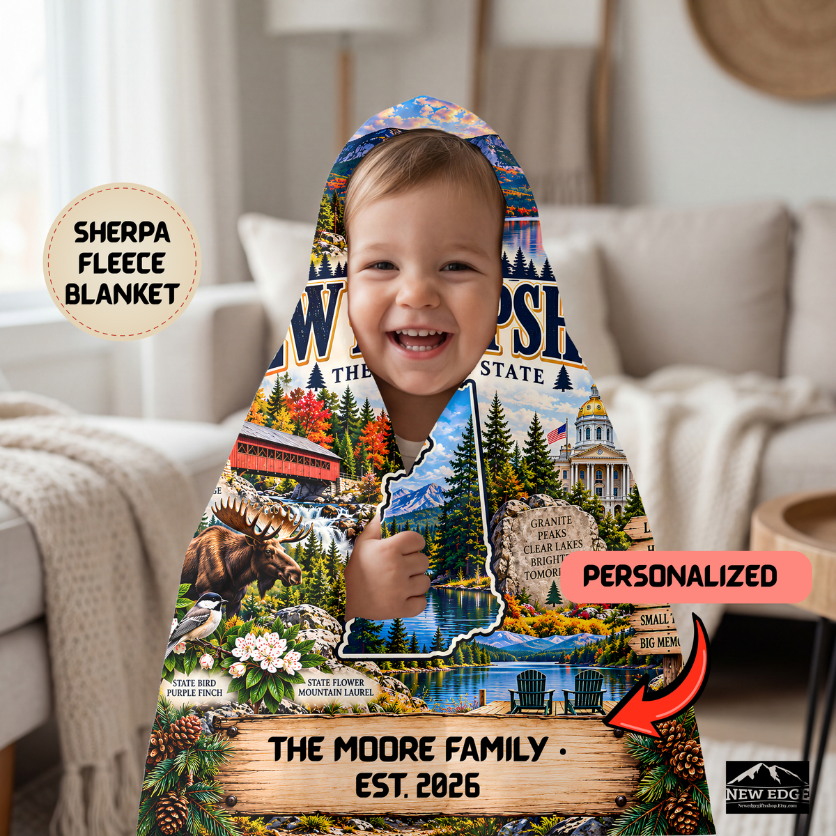 New Hampshire Personalized Sherpa Blanket, Granite State Mountains Moose Custom Family Name Gift