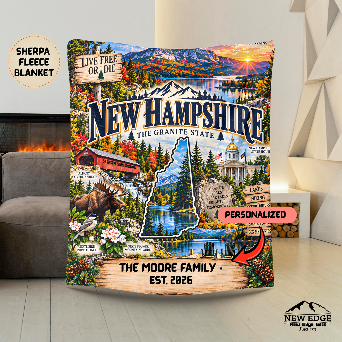 New Hampshire Personalized Sherpa Blanket, Granite State Mountains Moose Custom Family Name Gift