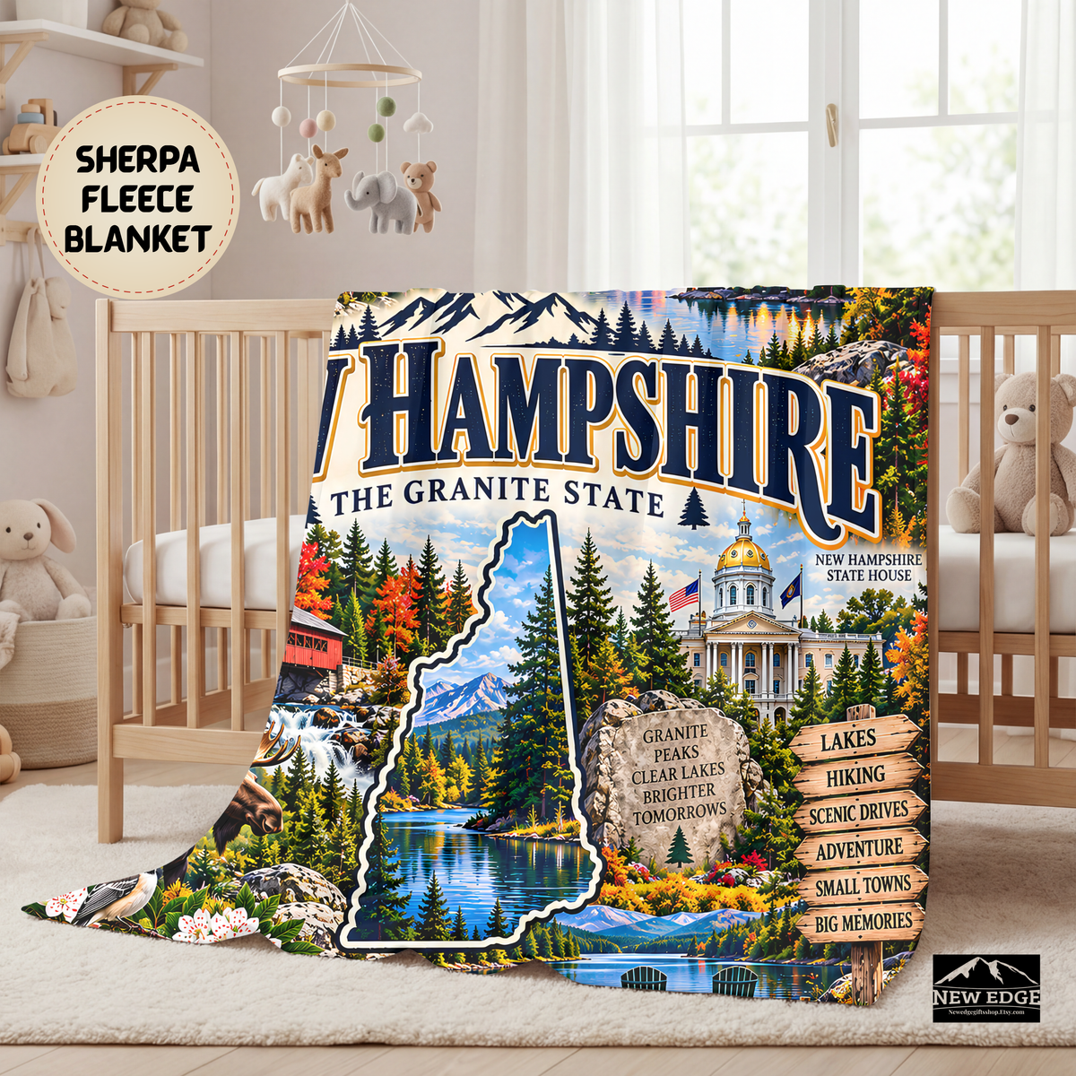 New Hampshire Personalized Sherpa Blanket, Granite State Mountains Moose Custom Family Name Gift